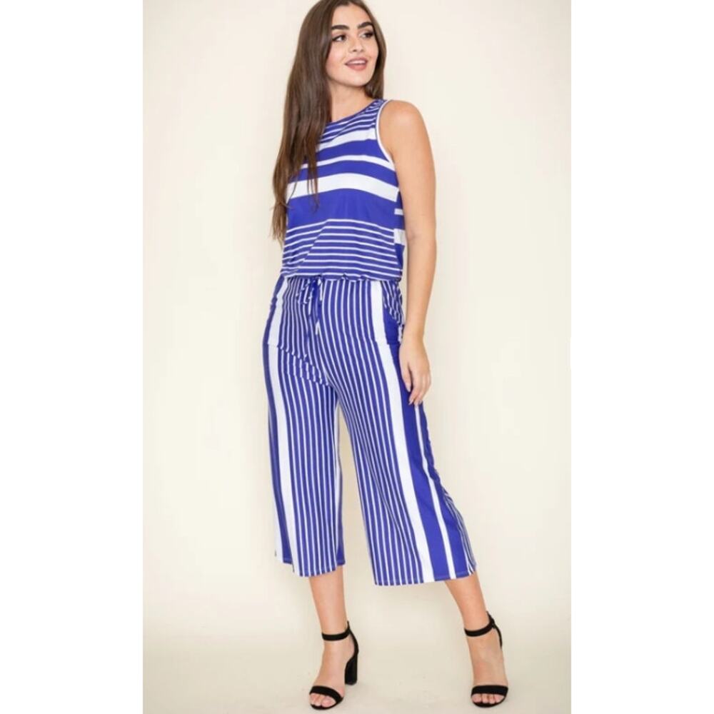 Eloges Royal Blue Multi Stripe Sleeveless Cropped Jumpsuit - Small
